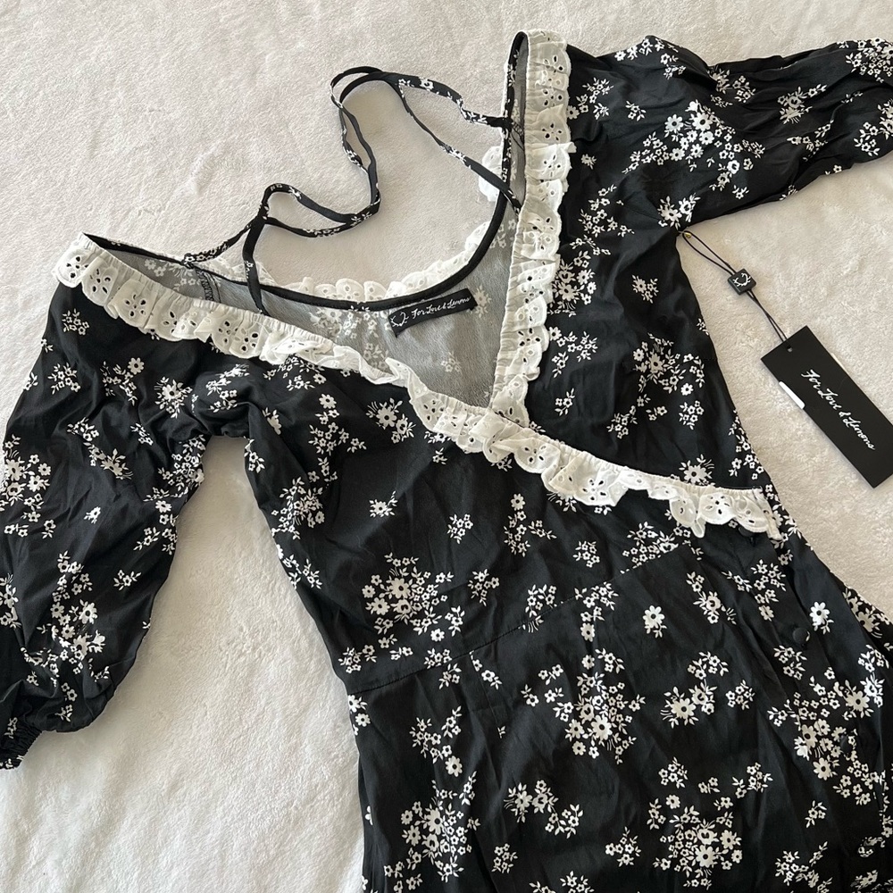 For Love & Lemons Sample Black Floral Open Front V-Neck Midi Dress